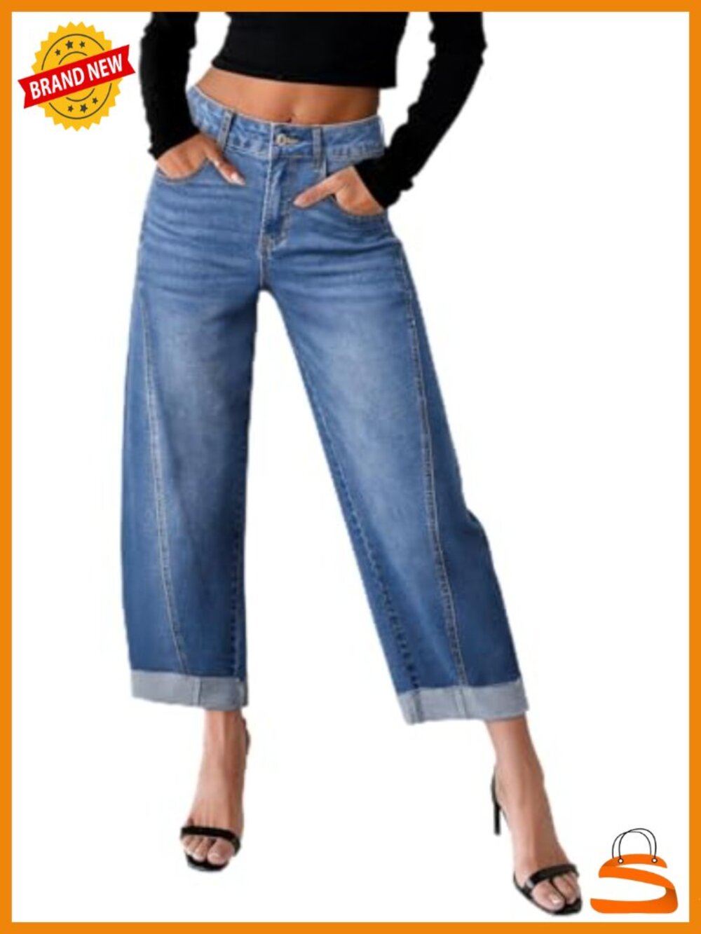 High Waisted Wide Leg Baggy Stretchy Raw Rolled Hem Cropped Ankle Denim Pants